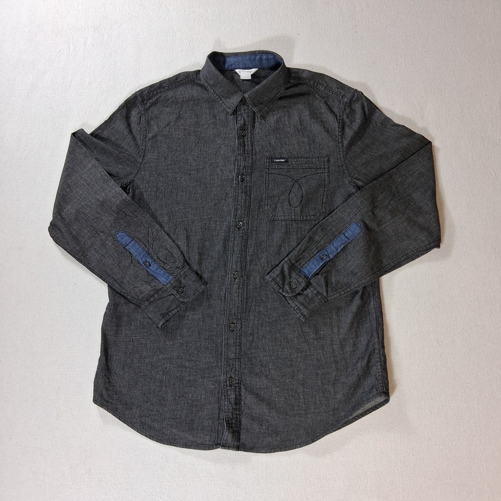 Calvin Klein Mens Denim Button-Up Shirt Size M Gray Blue Trim Long Sleeve